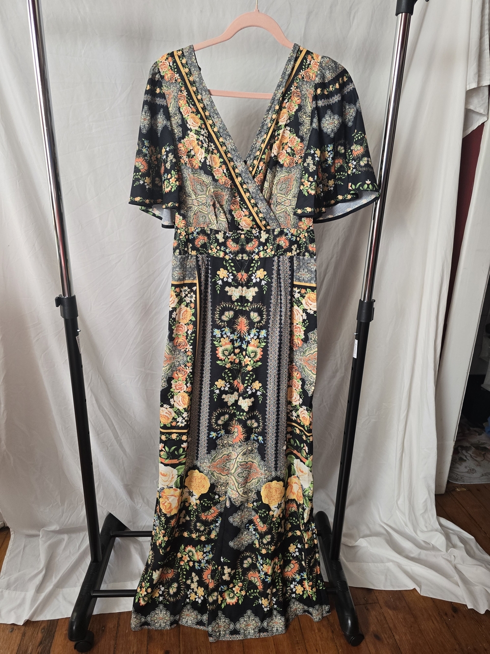 Flying Tomato Black Floral Maxi Wrap Dress with Orange & Green Print